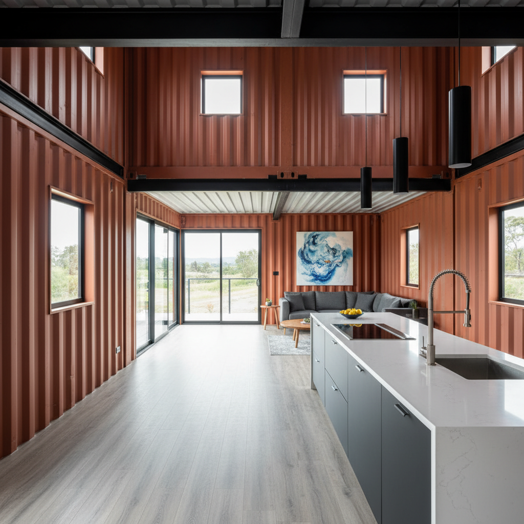 Modern interior of a 3 bedroom shipping container home layout