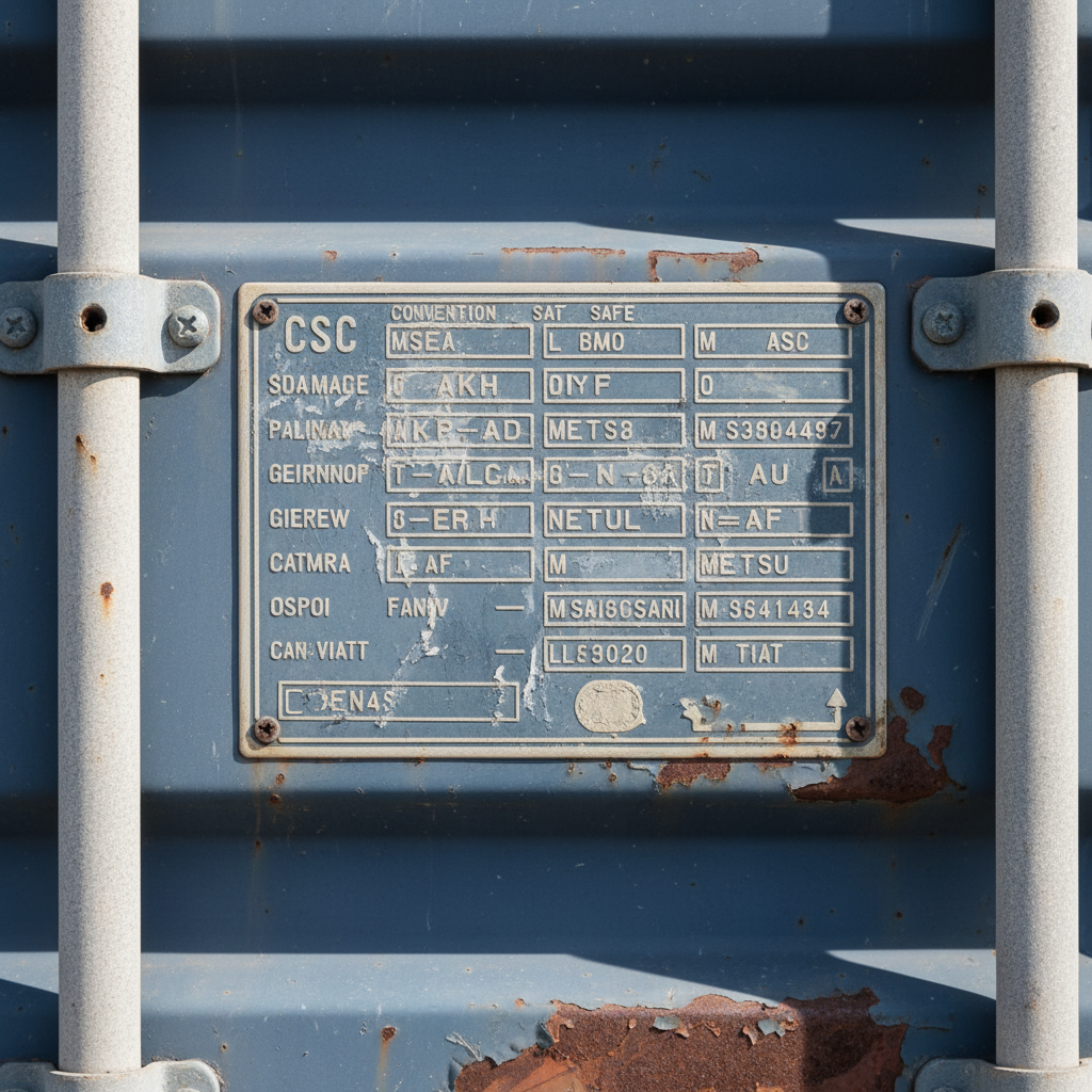 CSC plate on a cargo-worthy shipping container showing certification for farm storage use