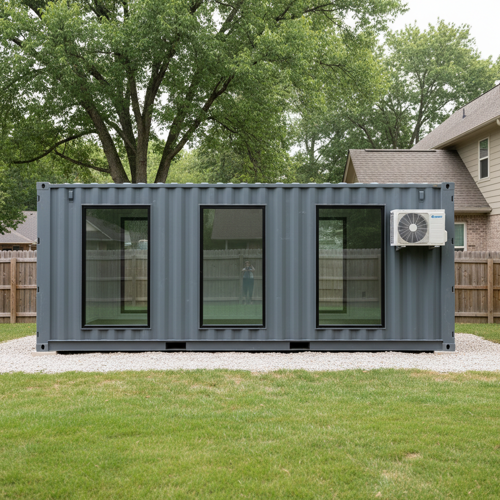 Modern gray backyard container office with large windows on a gravel foundation