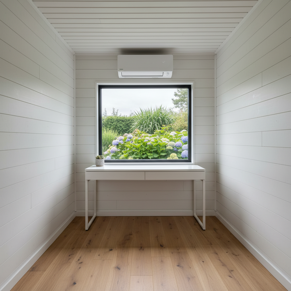 Finished interior of a modern shipping container office with HVAC and flooring