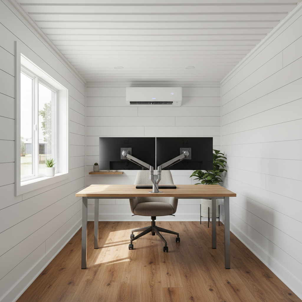 Interior of a climate controlled container office with wall mounted HVAC unit