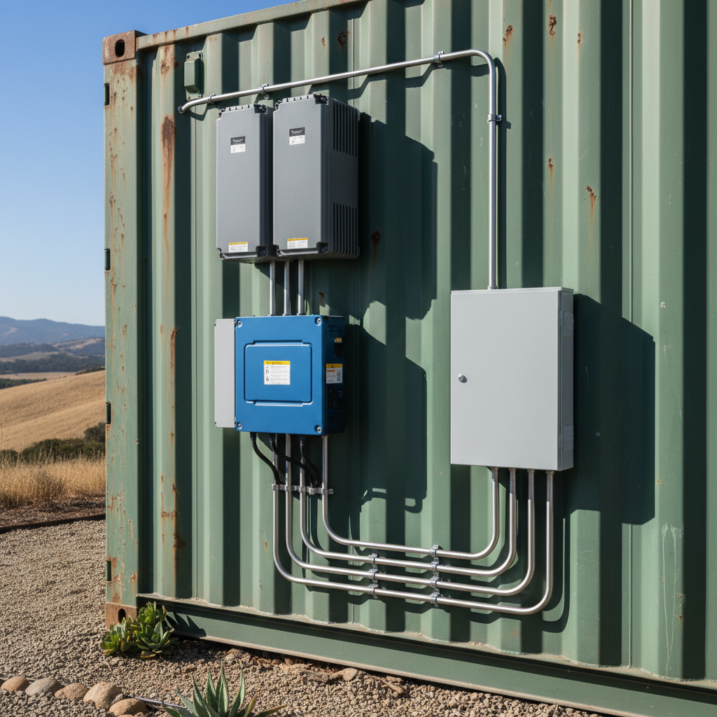 Off-grid shipping container solar system setup and battery bank