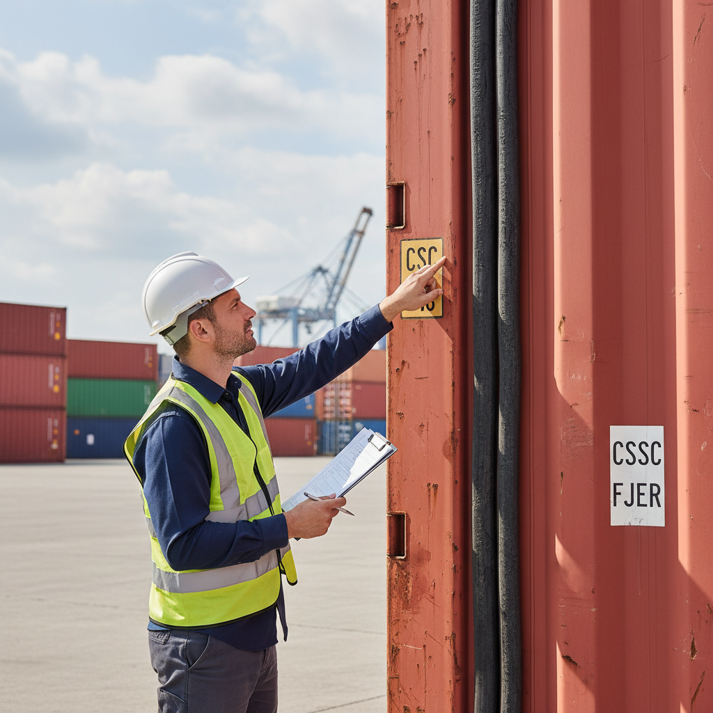 Inspector checking CSC plate on a cargo worthy vs one trip shipping container