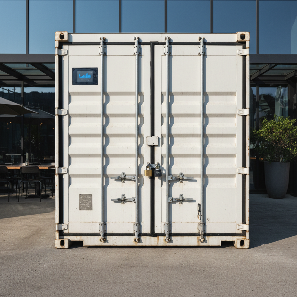 Commercial freezer container for restaurant overflow placed on concrete pad