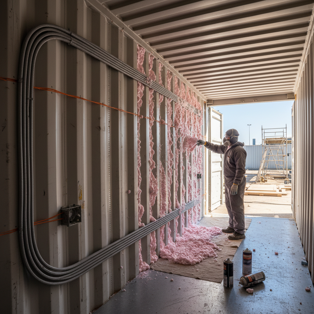 A 20ft one-trip container being modified with electrical rough-in and spray foam insulation