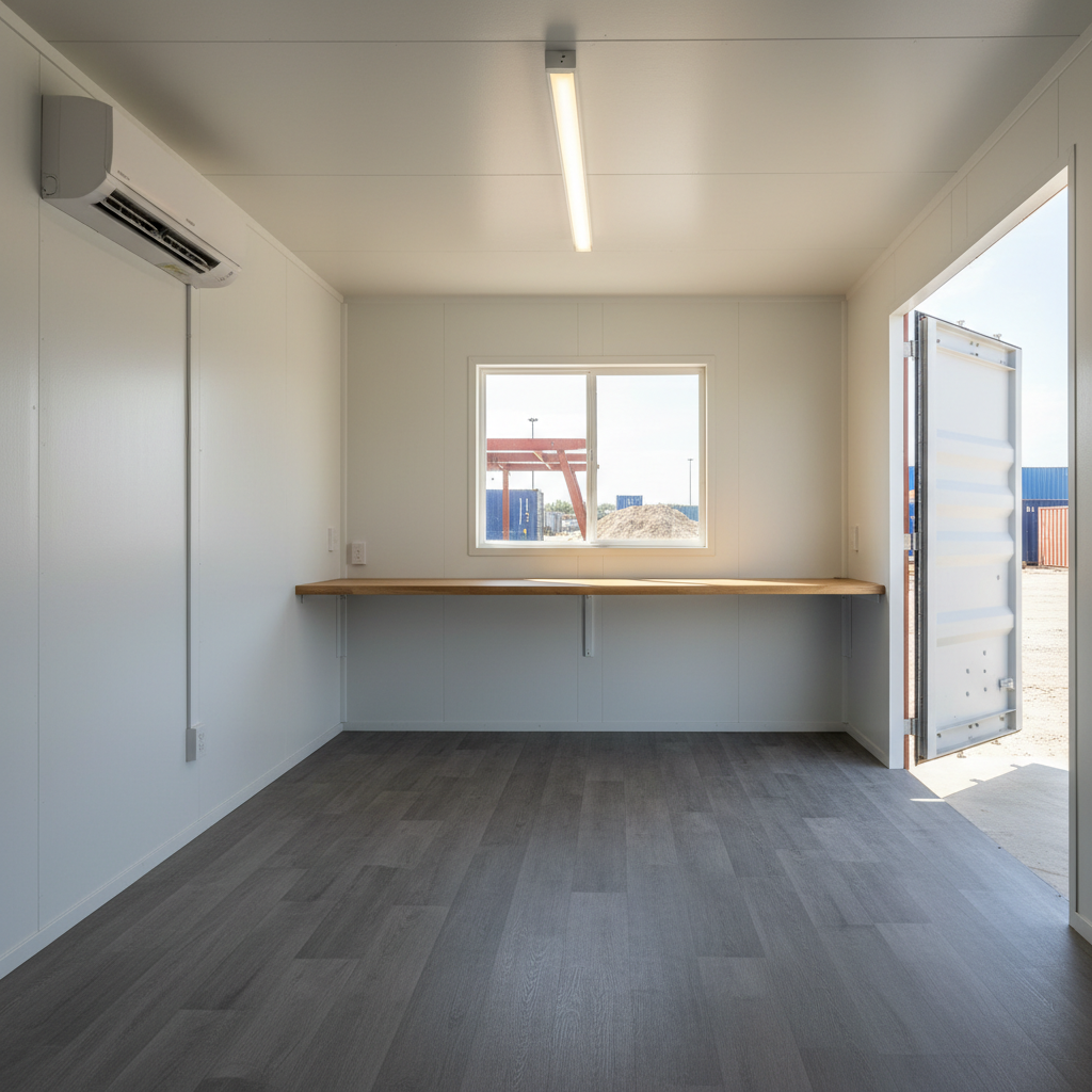 Interior of a custom prefab container office showing insulation and pre-wiring