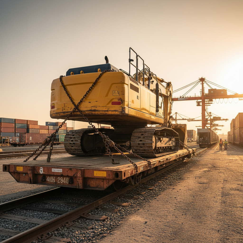 Flat rack container loaded with heavy construction equipment