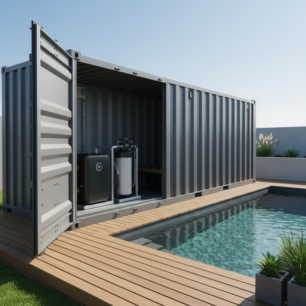 Heated shipping container pool with visible mechanical equipment and heat pump