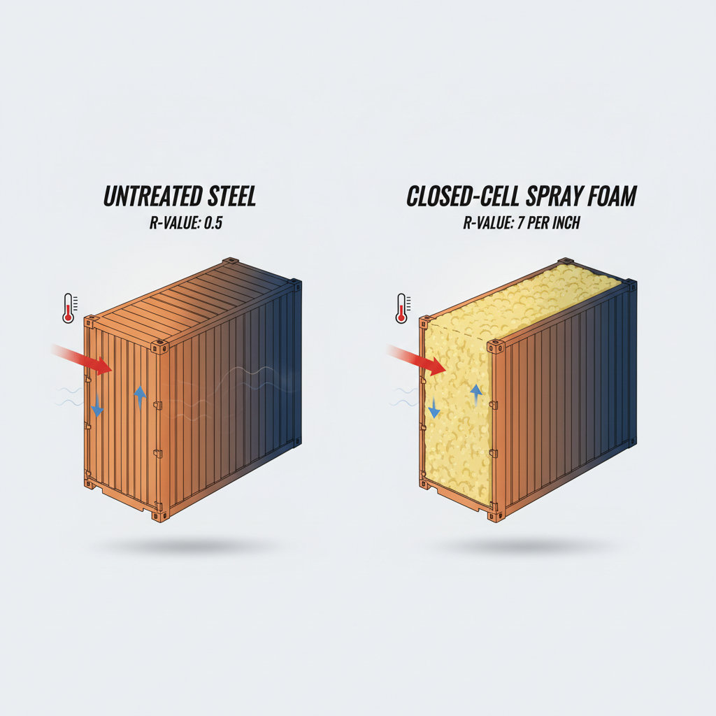 Infographic showing heat transfer and R-values for shipping container insulation