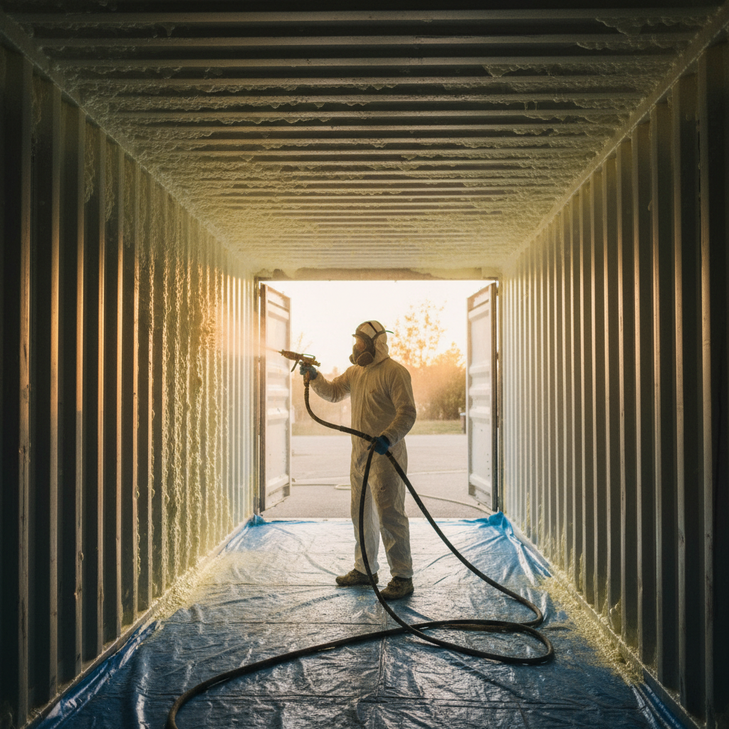 Applying closed-cell spray foam insulation to a shipping container interior