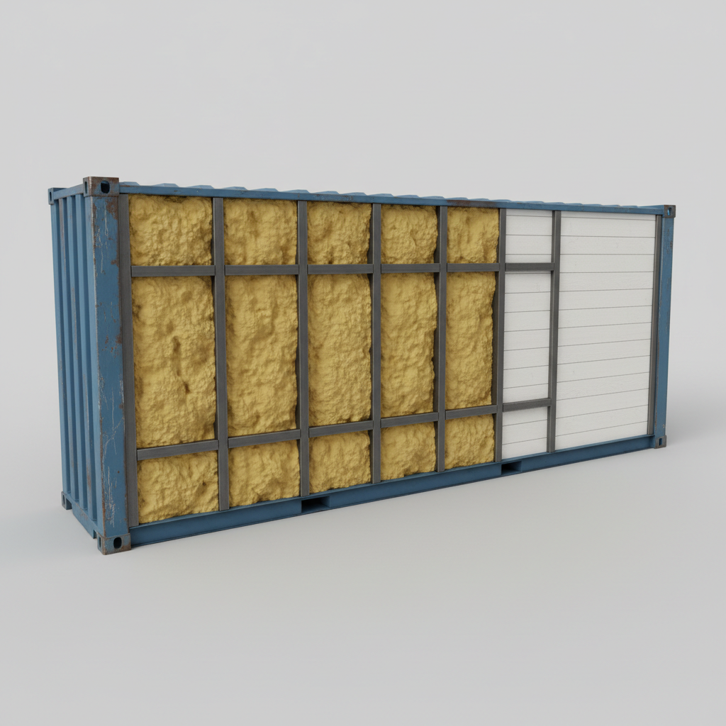 Cross section of spray foam insulation shipping container wall assembly
