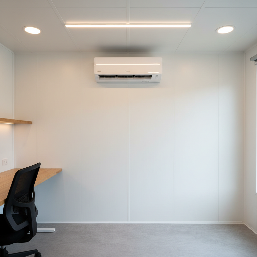 Interior of a mobile container office unit with hvac and finished walls