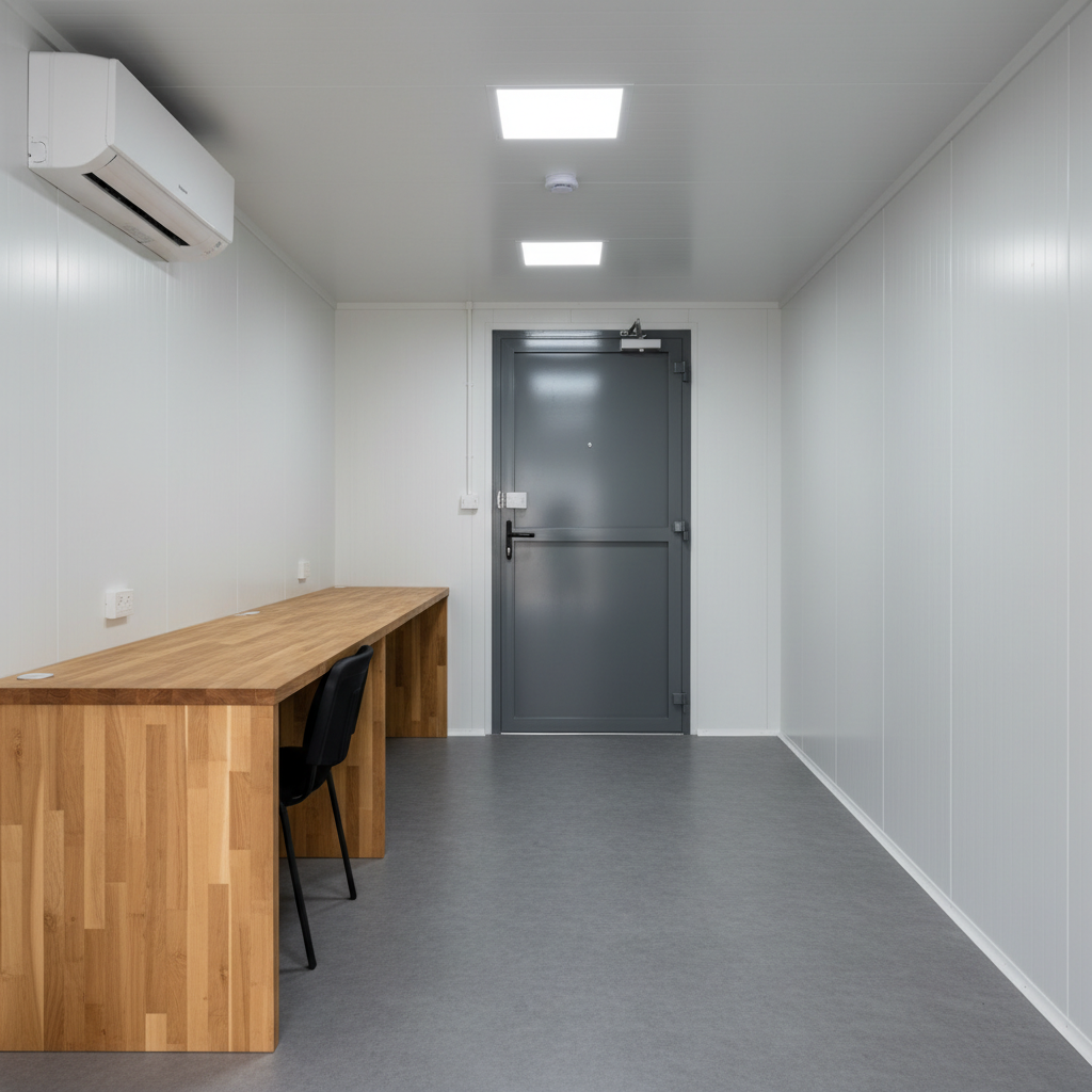 Interior of a refurbished 20ft mobile office container for job sites