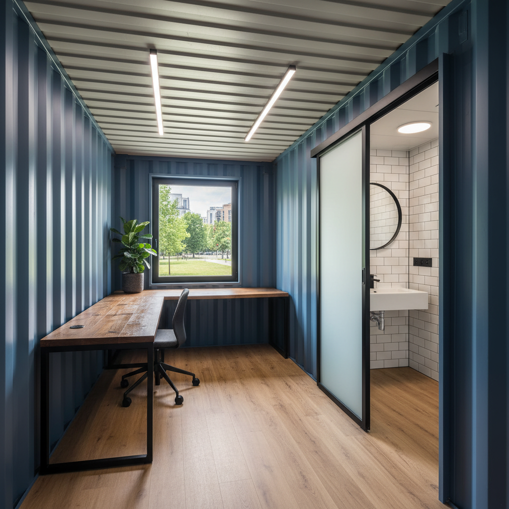 Interior view of a 20ft modular container office floor plan with restroom