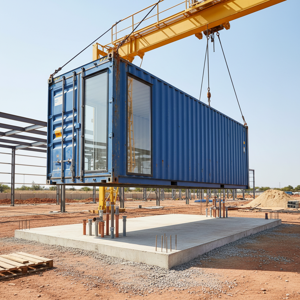 Installation of a modular container office with restroom plumbing connections
