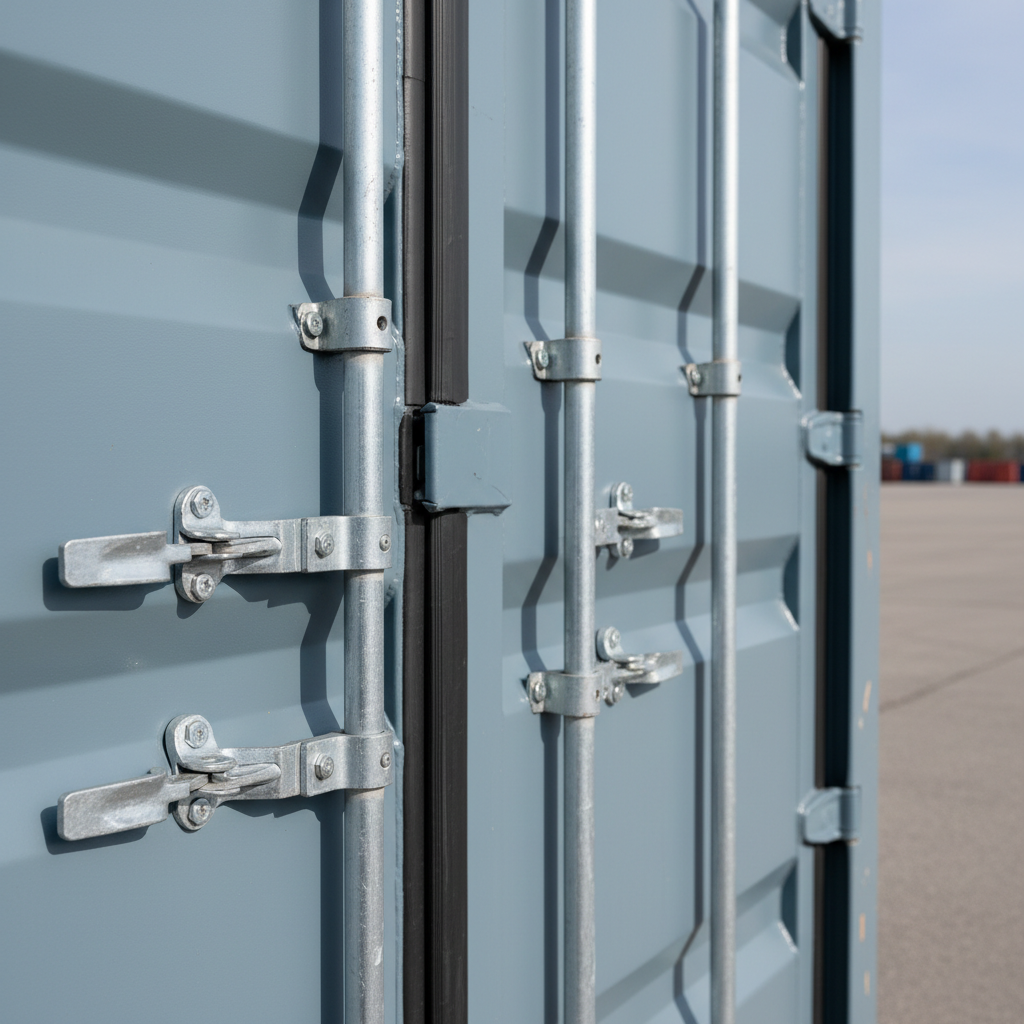 Close up of one-trip shipping container door seals and locking hardware