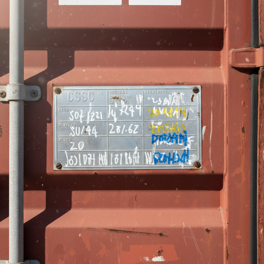 CSC plate on a used 40ft high cube container showing safety certification