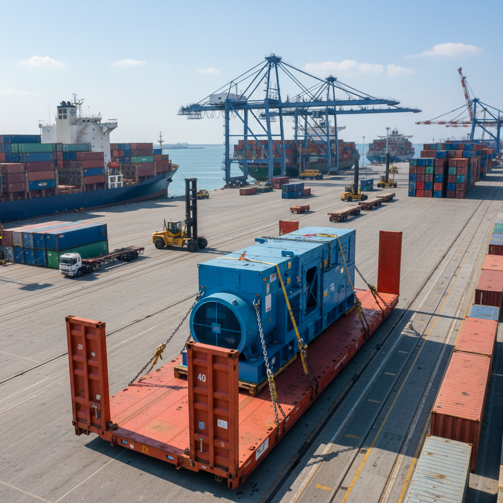 Heavy machinery secured on a 40ft flat rack container for industrial transport