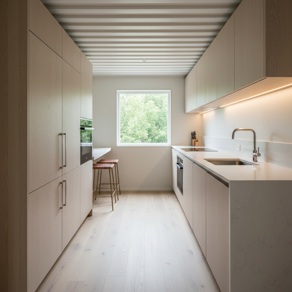 Interior of a prefabricated luxury container home under 100k with modern finishes