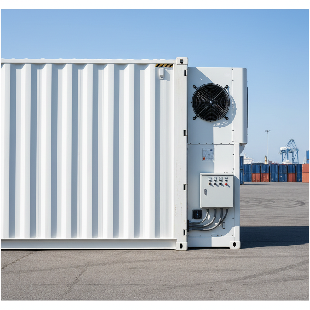 Industrial refrigerated container unit showing power control box and machinery