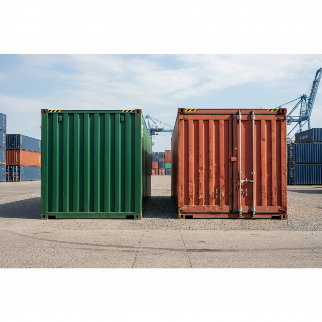 Comparison of 20ft and 40ft rent to own shipping containers near me in a storage yard