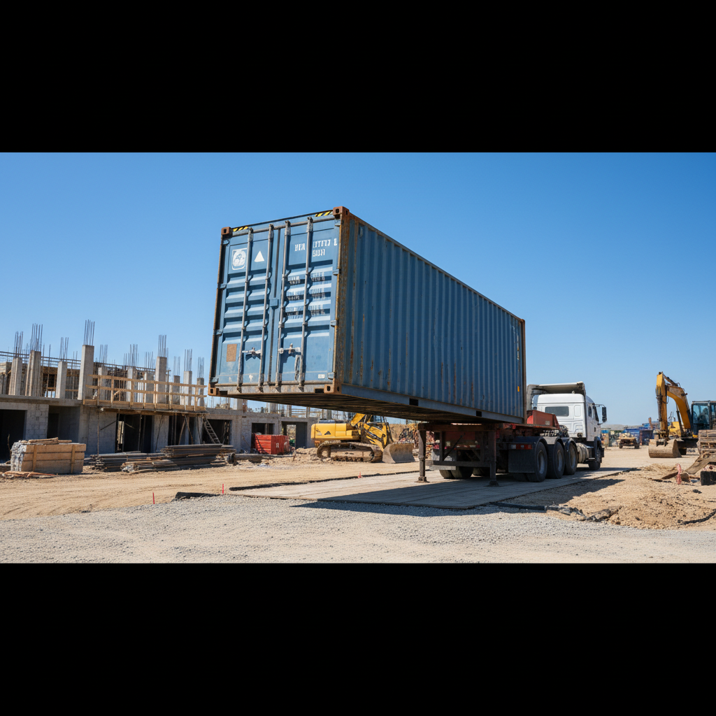 Tilt bed truck delivering shipping container showing offloading requirements