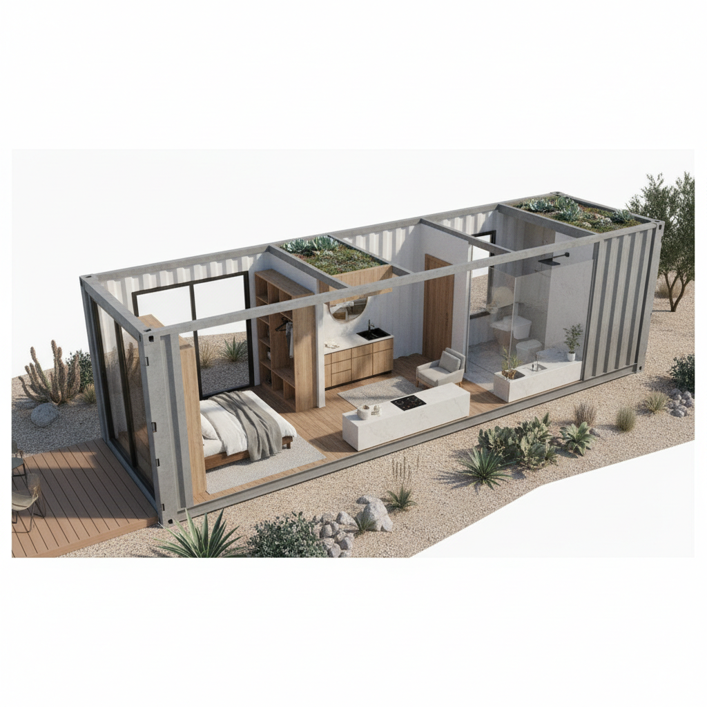 Shipping container guest house ADU floor plans for a 40ft high cube unit