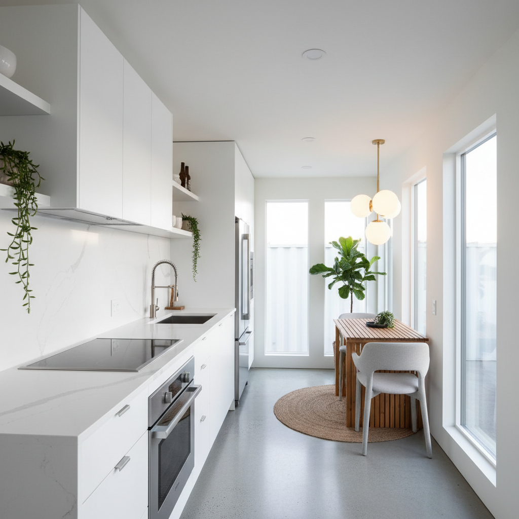 Modern interior of a shipping container guest house ADU with kitchen