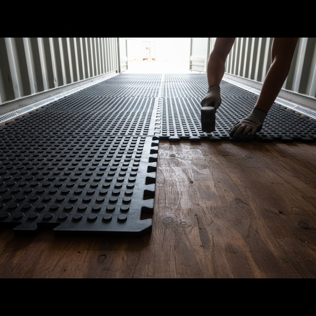 Installation of rubber stall mats for containers over marine plywood