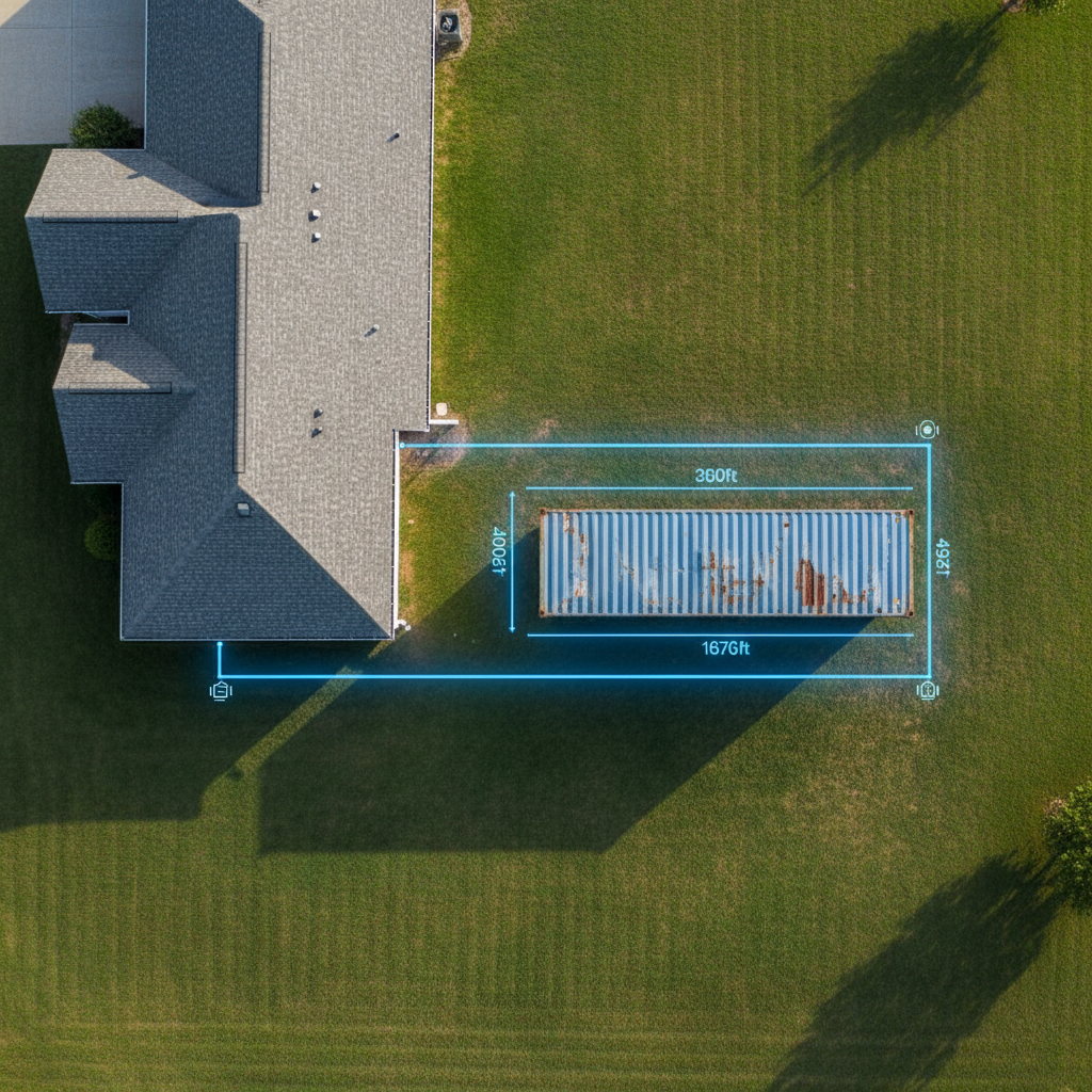 Residential property layout showing shipping container permit requirements by state 2026 setbacks