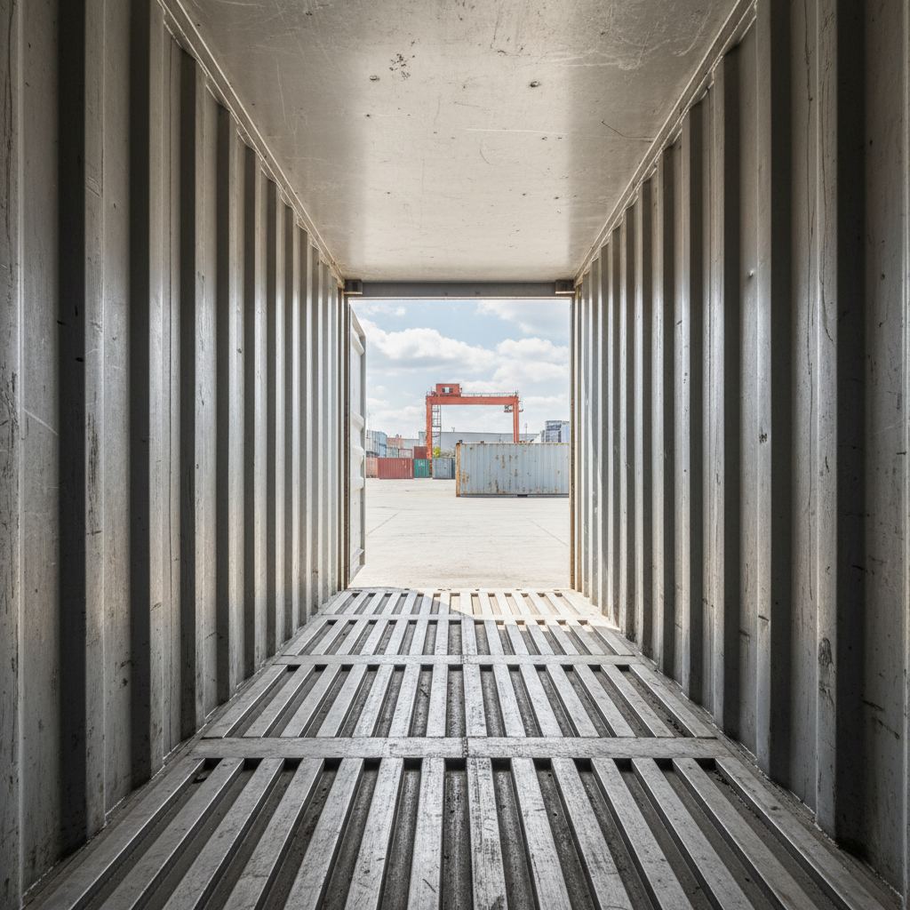 Interior of a used refrigerated shipping container showing T-bar floor