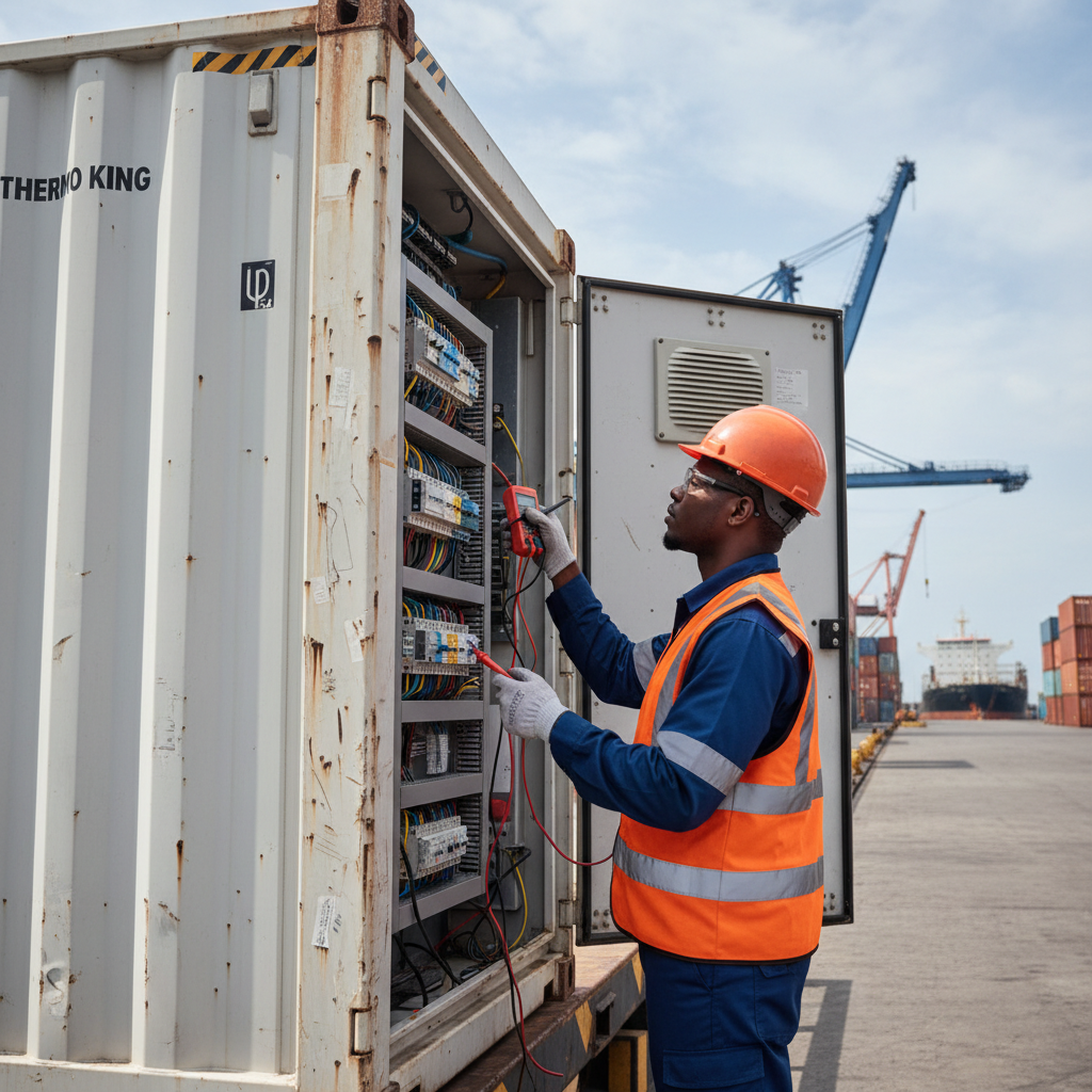 Technician inspecting a Carrier reefer unit on a used container