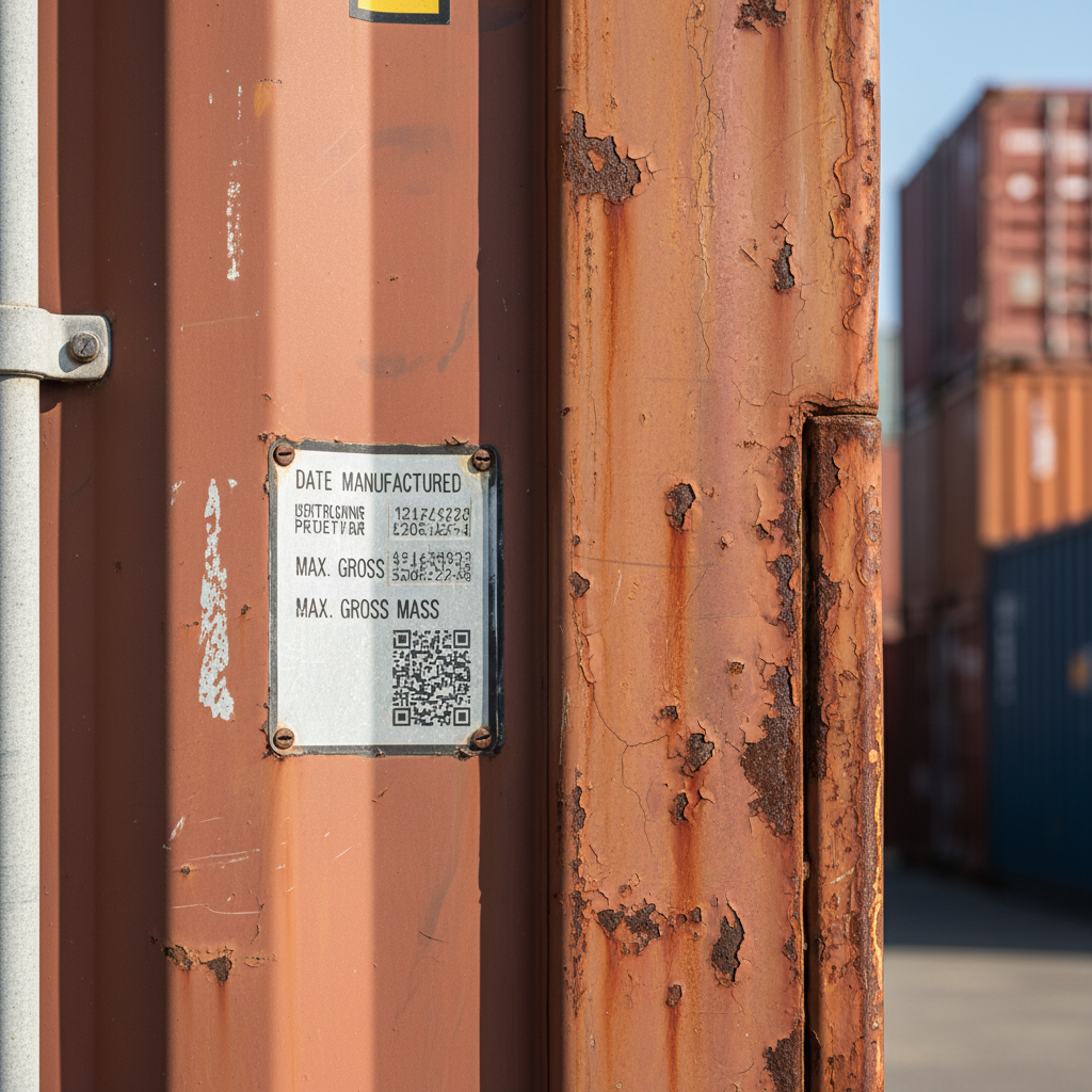 CSC plate detail of used shipping container for price drop identification