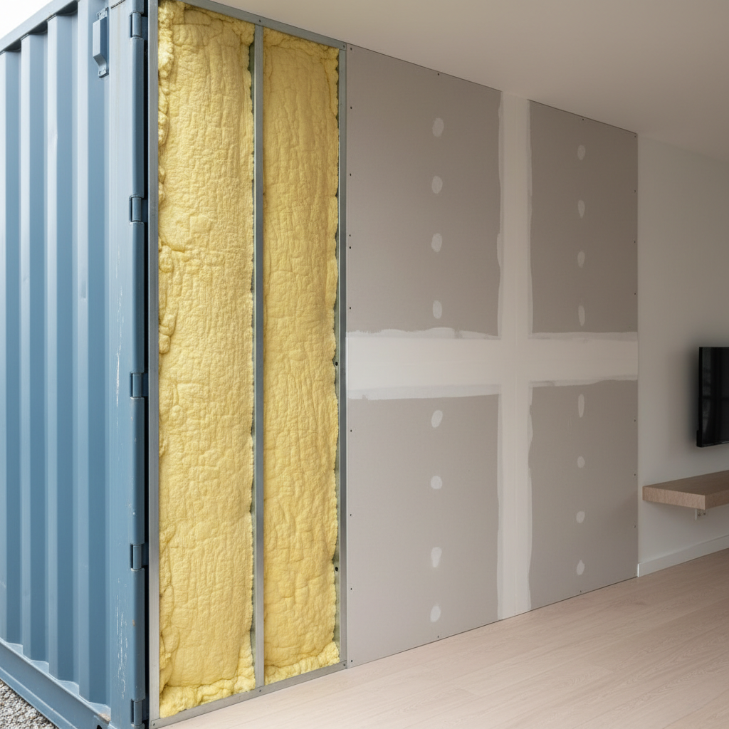 Cross-section of shipping container insulation methods featuring spray foam